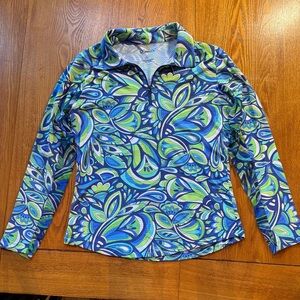 IBKUL Vibrant Blue and Green Patterned Long Sleeve Zip Quarter Top Size Small